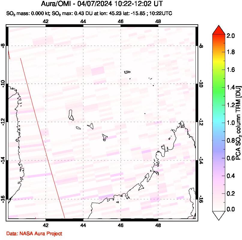 A sulfur dioxide image over Comoro Islands on Apr 07, 2024.