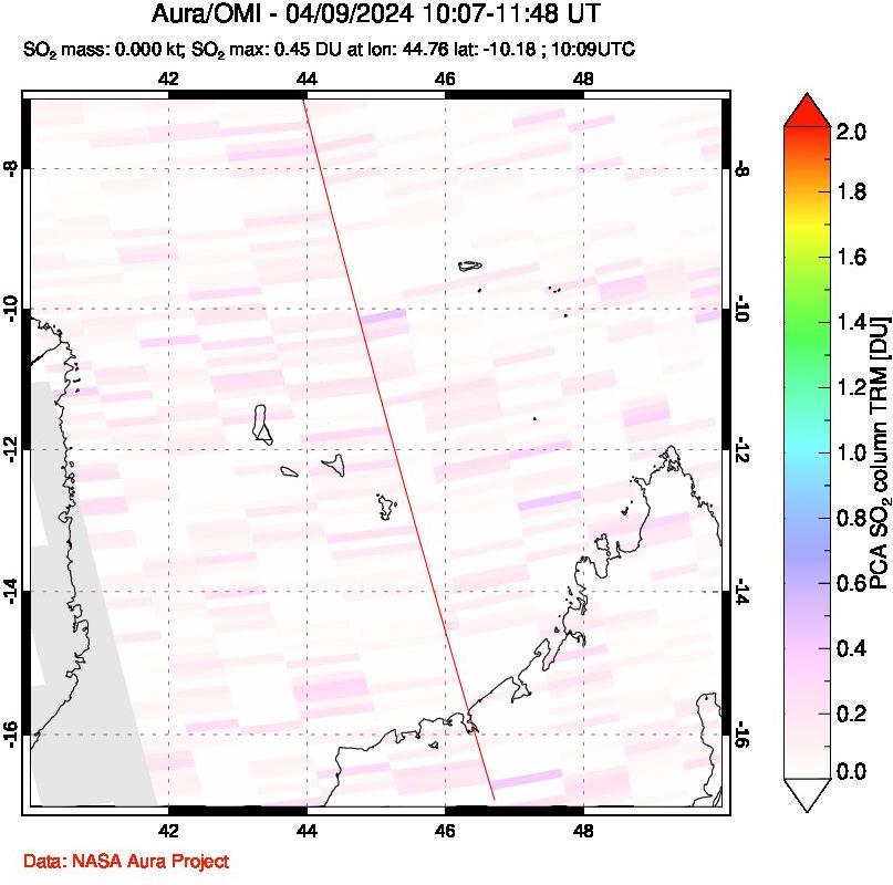 A sulfur dioxide image over Comoro Islands on Apr 09, 2024.