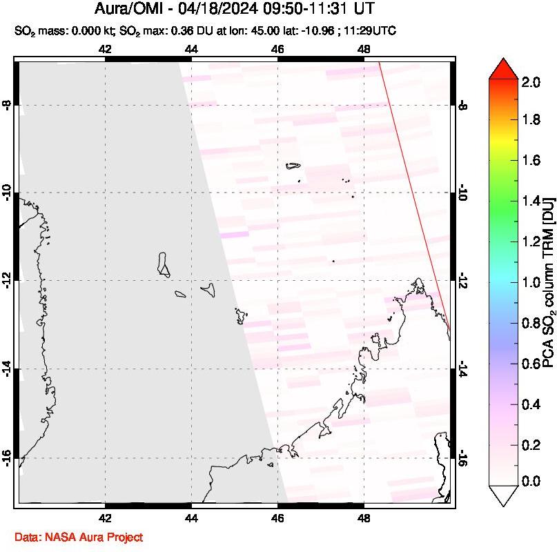 A sulfur dioxide image over Comoro Islands on Apr 18, 2024.