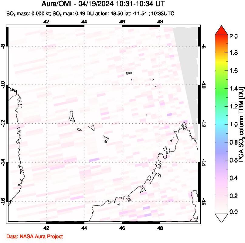 A sulfur dioxide image over Comoro Islands on Apr 19, 2024.