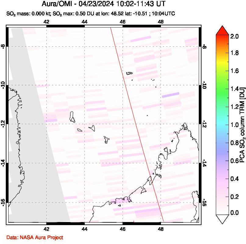 A sulfur dioxide image over Comoro Islands on Apr 23, 2024.