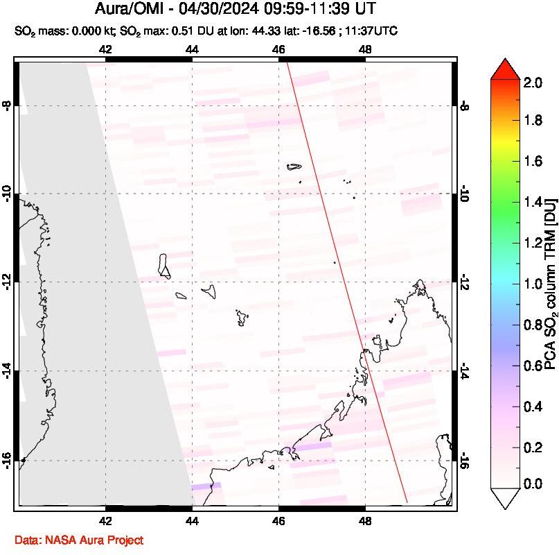 A sulfur dioxide image over Comoro Islands on Apr 30, 2024.