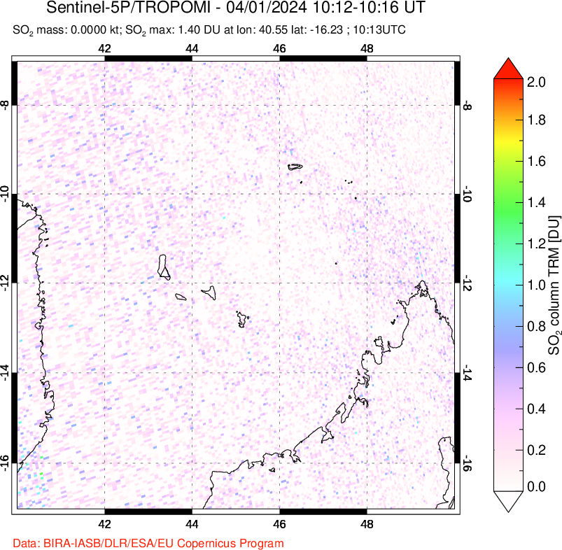 A sulfur dioxide image over Comoro Islands on Apr 01, 2024.