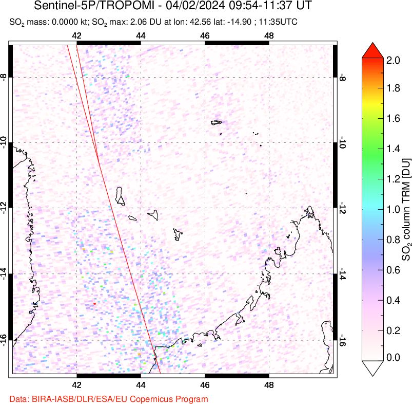 A sulfur dioxide image over Comoro Islands on Apr 02, 2024.