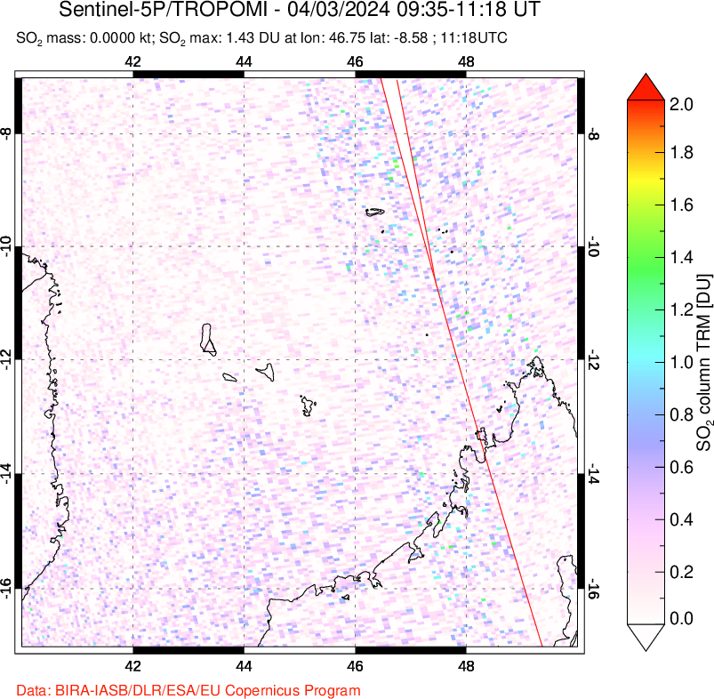 A sulfur dioxide image over Comoro Islands on Apr 03, 2024.