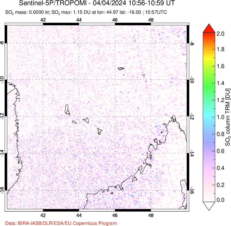 A sulfur dioxide image over Comoro Islands on Apr 04, 2024.