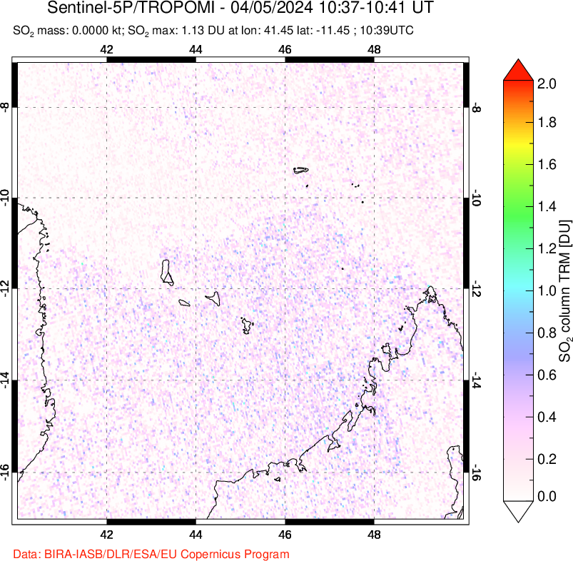 A sulfur dioxide image over Comoro Islands on Apr 05, 2024.