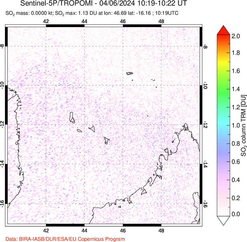 A sulfur dioxide image over Comoro Islands on Apr 06, 2024.