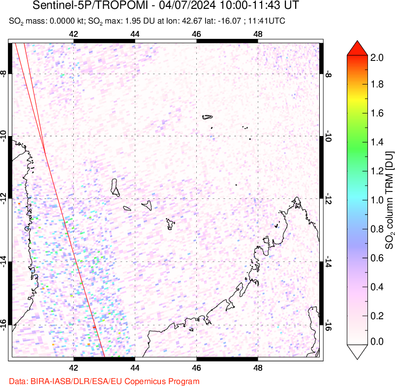 A sulfur dioxide image over Comoro Islands on Apr 07, 2024.