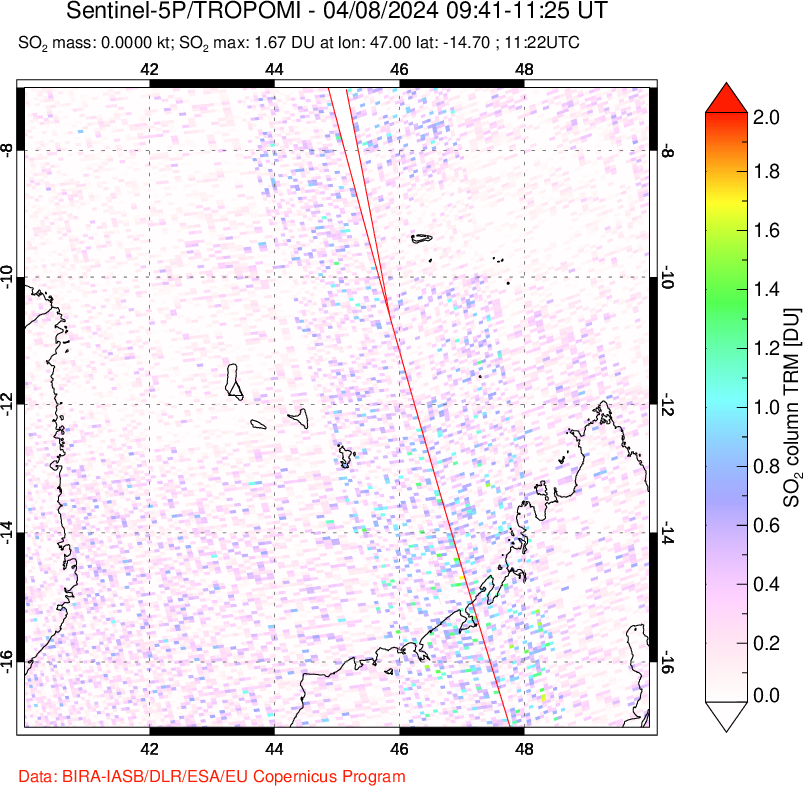 A sulfur dioxide image over Comoro Islands on Apr 08, 2024.