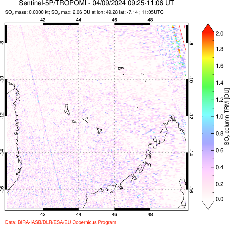 A sulfur dioxide image over Comoro Islands on Apr 09, 2024.