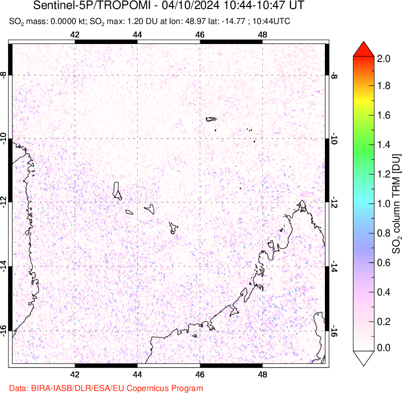 A sulfur dioxide image over Comoro Islands on Apr 10, 2024.