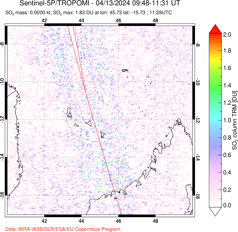 A sulfur dioxide image over Comoro Islands on Apr 13, 2024.