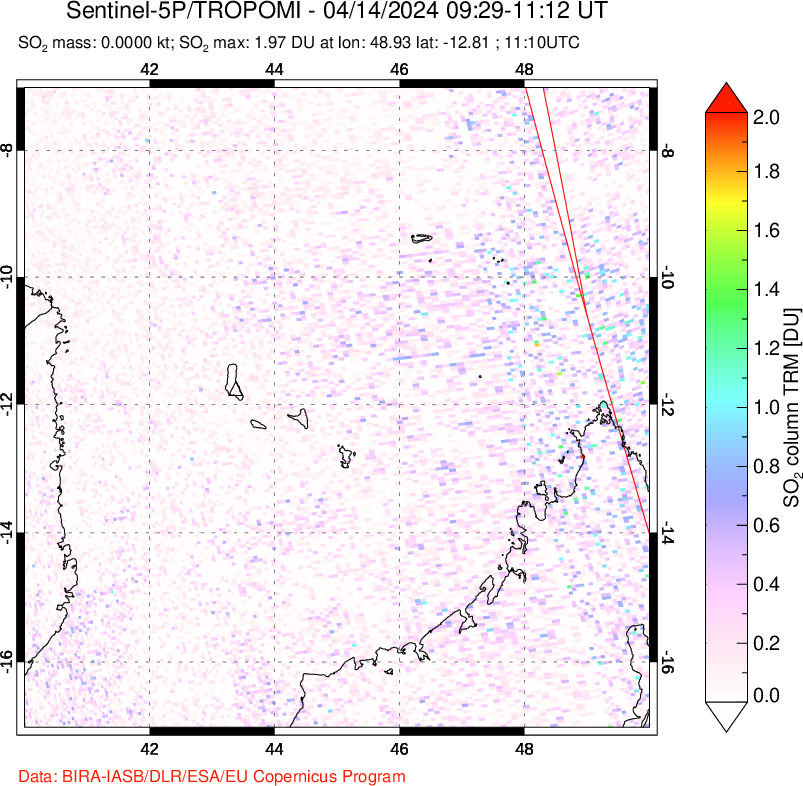 A sulfur dioxide image over Comoro Islands on Apr 14, 2024.