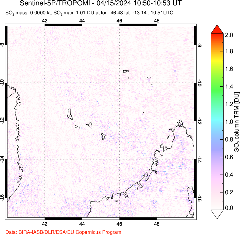 A sulfur dioxide image over Comoro Islands on Apr 15, 2024.