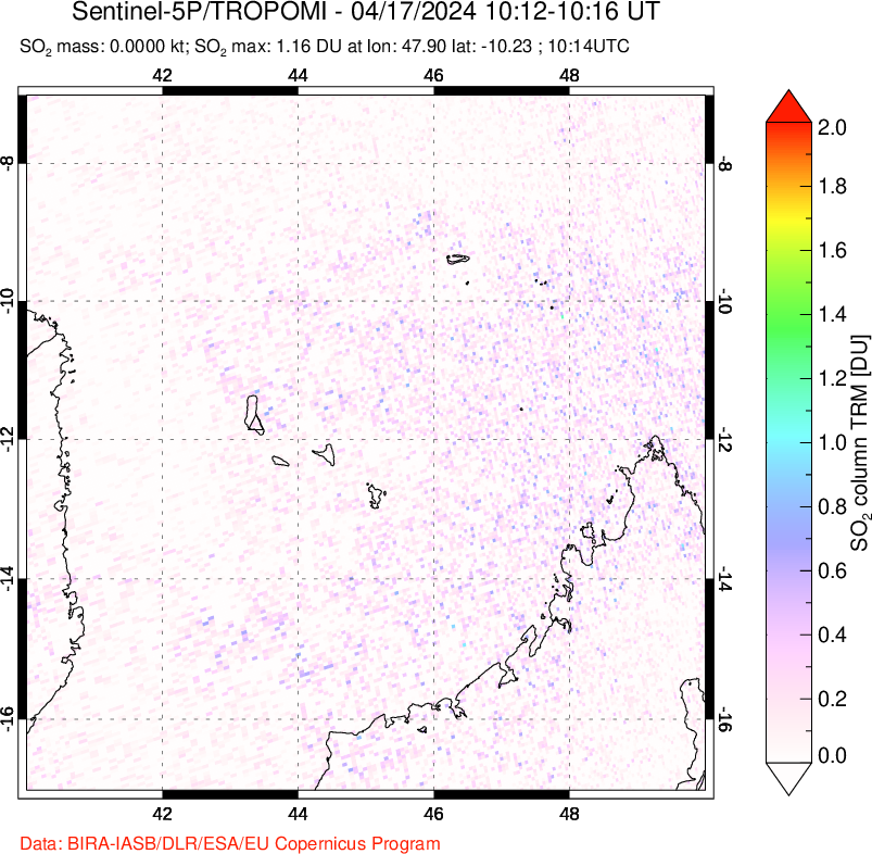 A sulfur dioxide image over Comoro Islands on Apr 17, 2024.