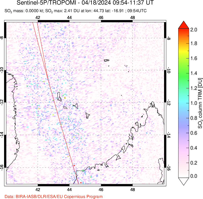 A sulfur dioxide image over Comoro Islands on Apr 18, 2024.