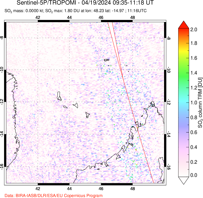 A sulfur dioxide image over Comoro Islands on Apr 19, 2024.