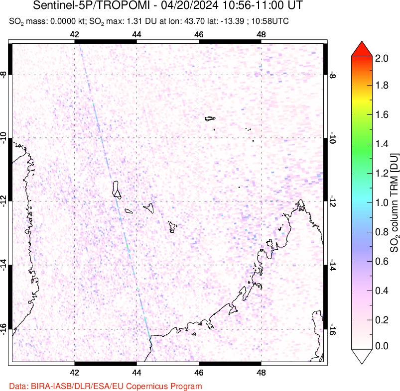 A sulfur dioxide image over Comoro Islands on Apr 20, 2024.