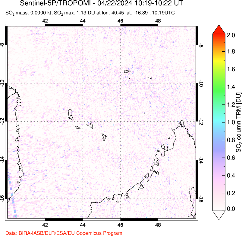 A sulfur dioxide image over Comoro Islands on Apr 22, 2024.