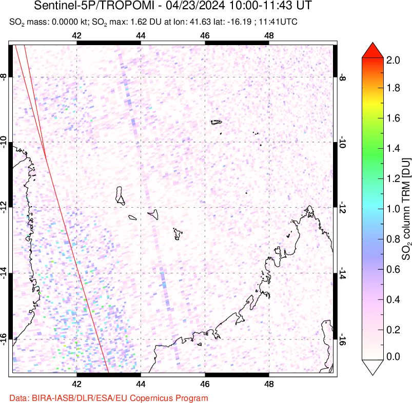 A sulfur dioxide image over Comoro Islands on Apr 23, 2024.