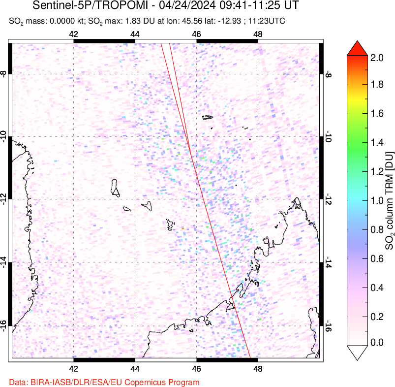 A sulfur dioxide image over Comoro Islands on Apr 24, 2024.