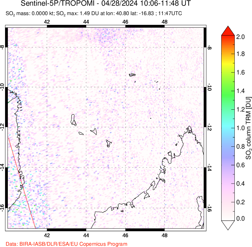 A sulfur dioxide image over Comoro Islands on Apr 28, 2024.