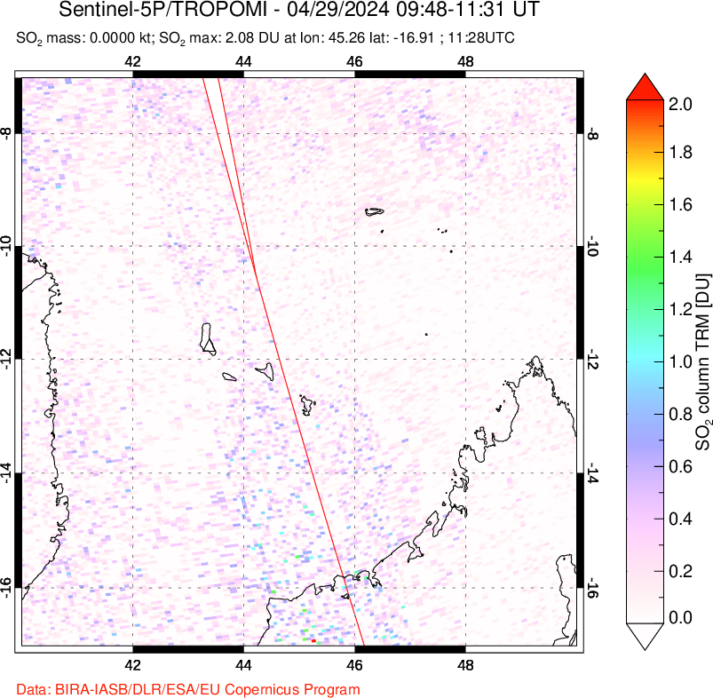 A sulfur dioxide image over Comoro Islands on Apr 29, 2024.