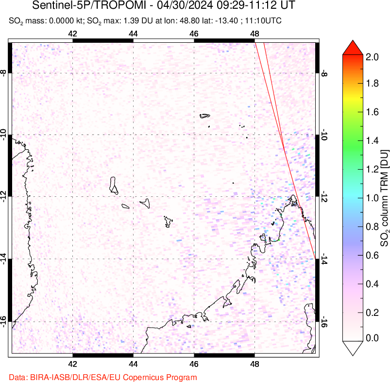 A sulfur dioxide image over Comoro Islands on Apr 30, 2024.