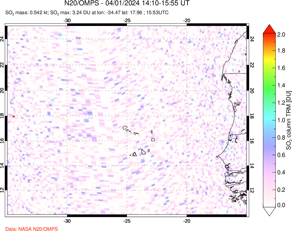 A sulfur dioxide image over Cape Verde Islands on Apr 01, 2024.