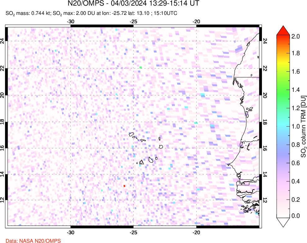 A sulfur dioxide image over Cape Verde Islands on Apr 03, 2024.