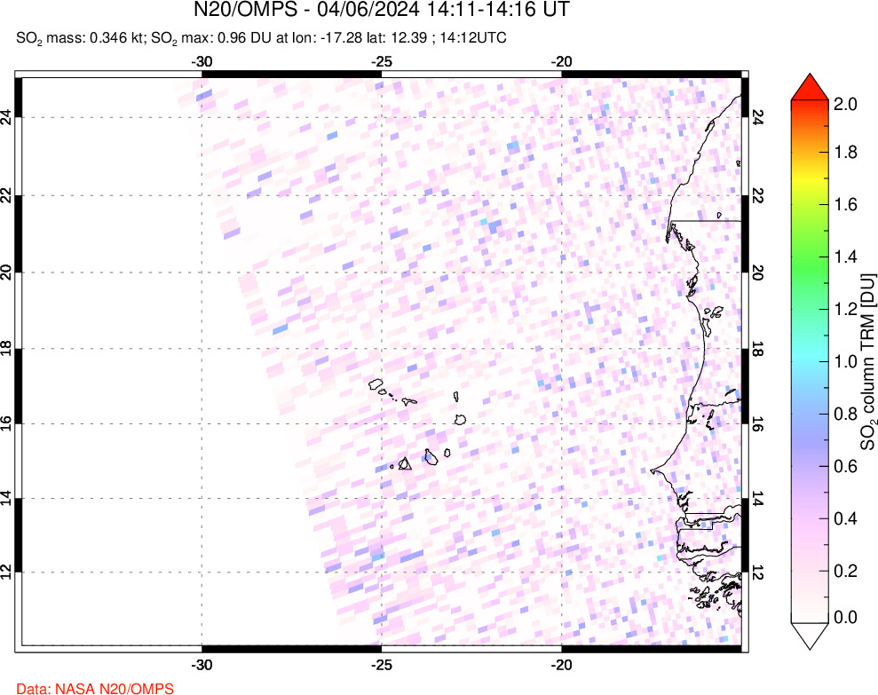 A sulfur dioxide image over Cape Verde Islands on Apr 06, 2024.