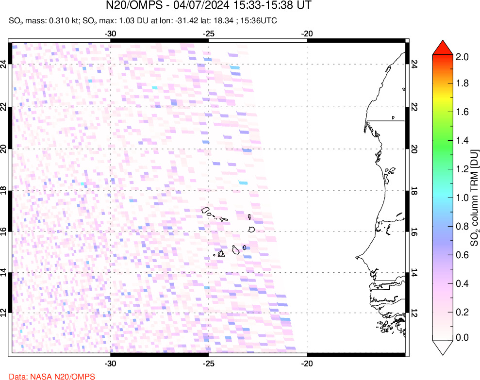 A sulfur dioxide image over Cape Verde Islands on Apr 07, 2024.