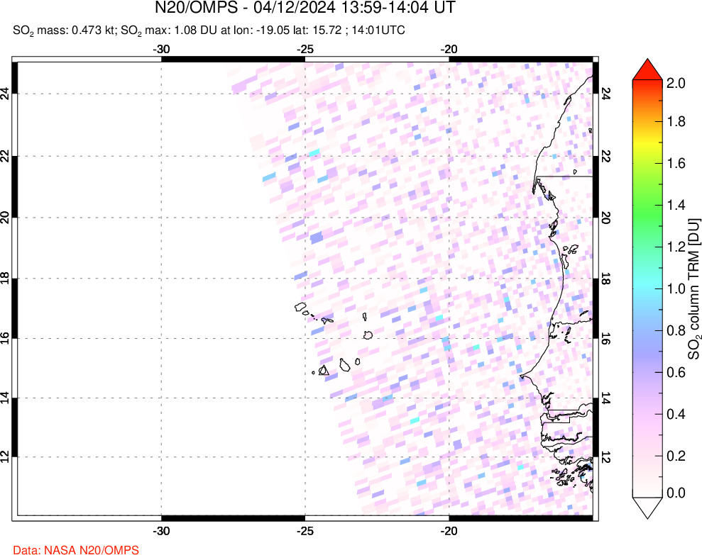 A sulfur dioxide image over Cape Verde Islands on Apr 12, 2024.