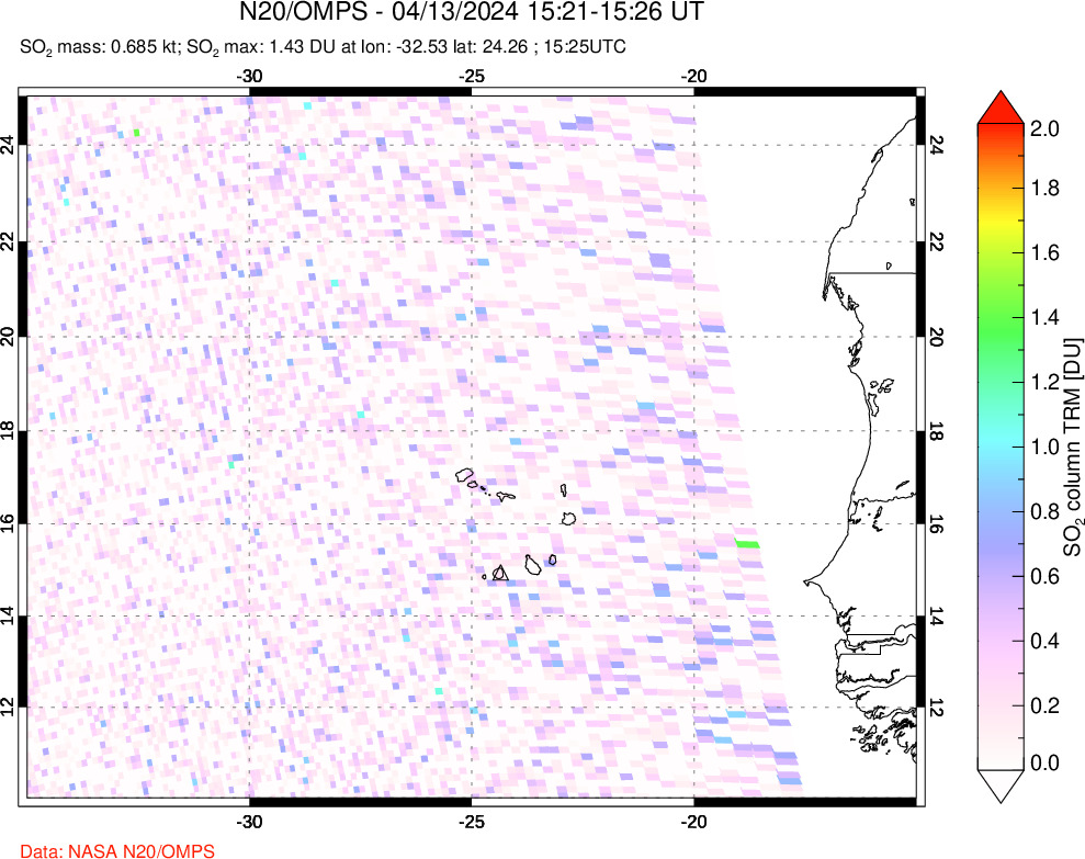 A sulfur dioxide image over Cape Verde Islands on Apr 13, 2024.