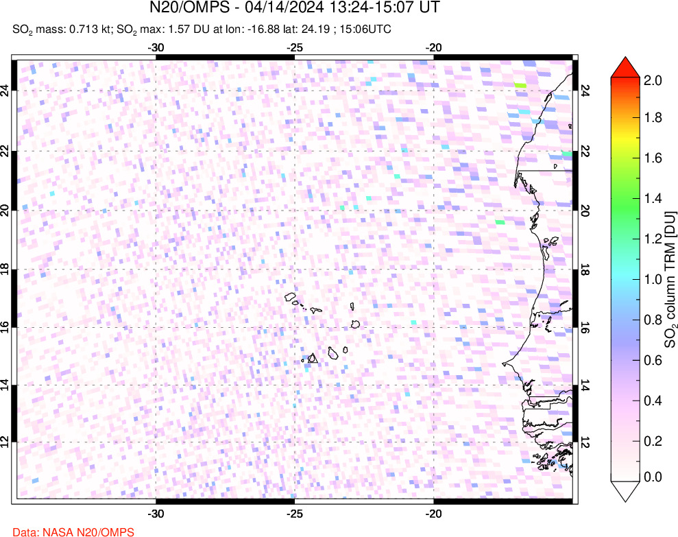 A sulfur dioxide image over Cape Verde Islands on Apr 14, 2024.