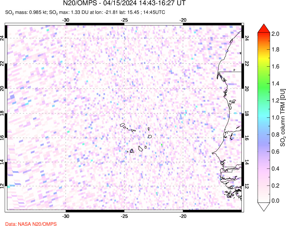 A sulfur dioxide image over Cape Verde Islands on Apr 15, 2024.