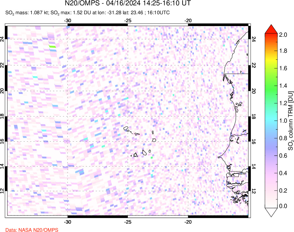 A sulfur dioxide image over Cape Verde Islands on Apr 16, 2024.