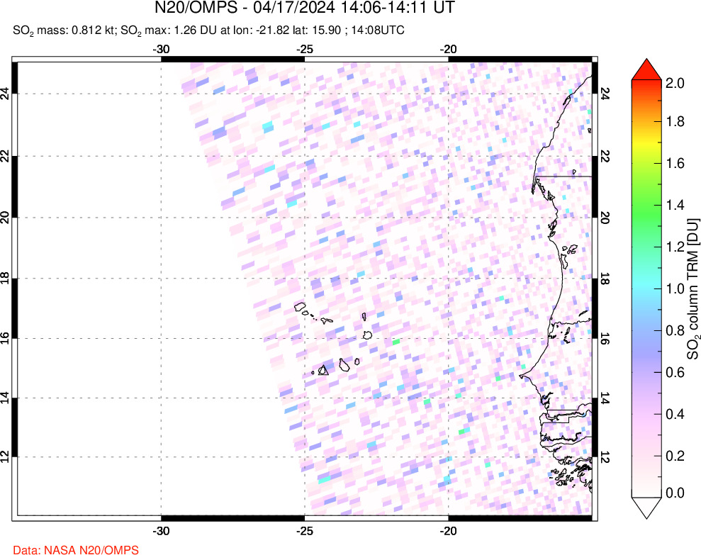 A sulfur dioxide image over Cape Verde Islands on Apr 17, 2024.