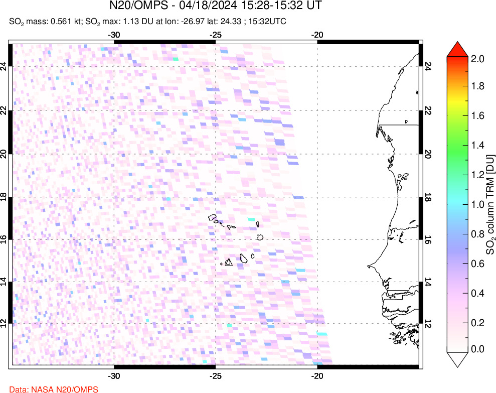 A sulfur dioxide image over Cape Verde Islands on Apr 18, 2024.