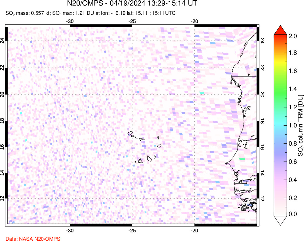 A sulfur dioxide image over Cape Verde Islands on Apr 19, 2024.