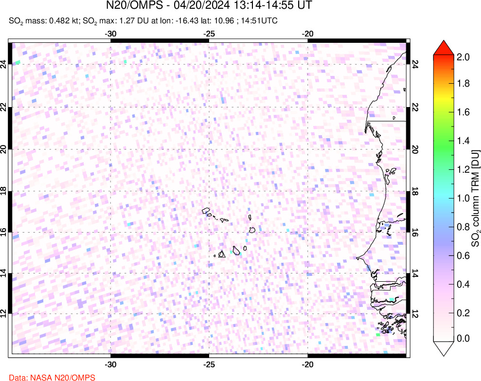 A sulfur dioxide image over Cape Verde Islands on Apr 20, 2024.