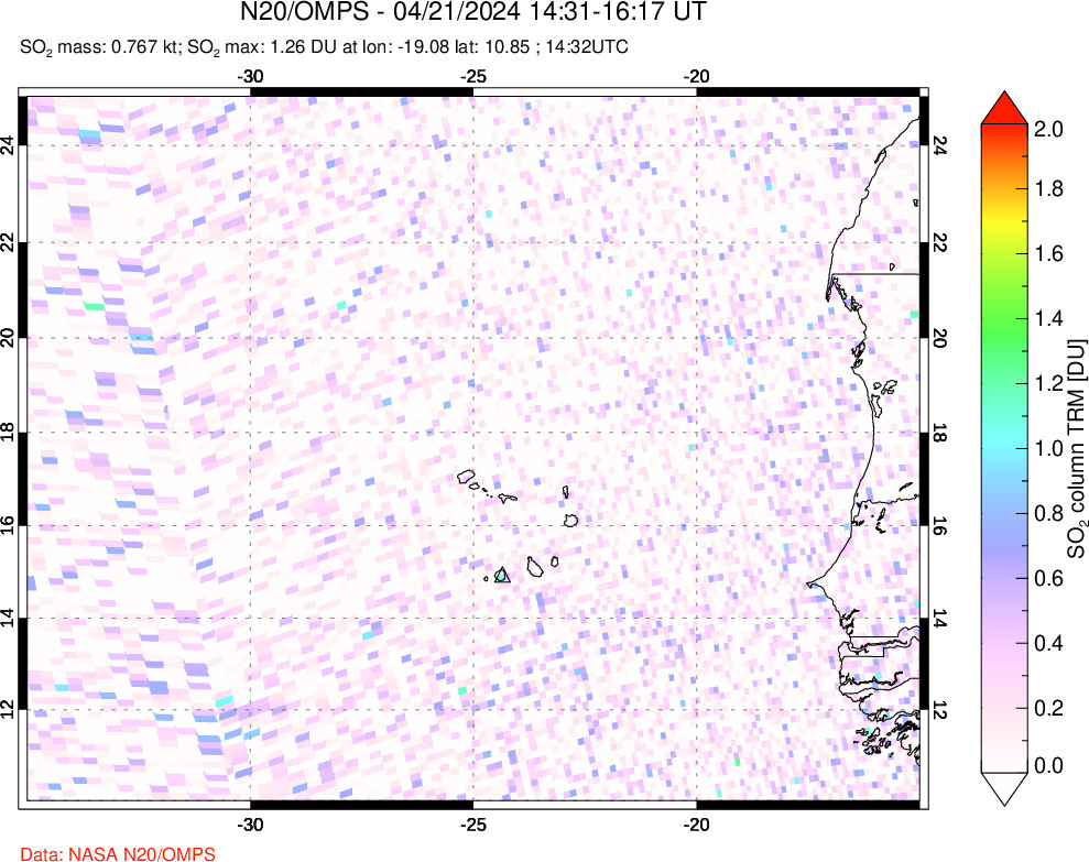 A sulfur dioxide image over Cape Verde Islands on Apr 21, 2024.