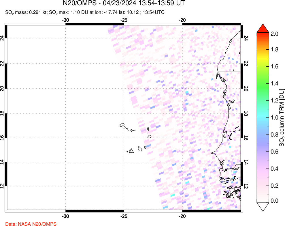 A sulfur dioxide image over Cape Verde Islands on Apr 23, 2024.