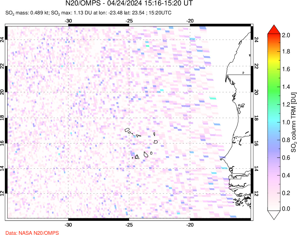 A sulfur dioxide image over Cape Verde Islands on Apr 24, 2024.