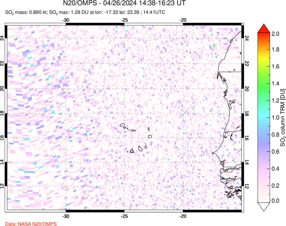 A sulfur dioxide image over Cape Verde Islands on Apr 26, 2024.