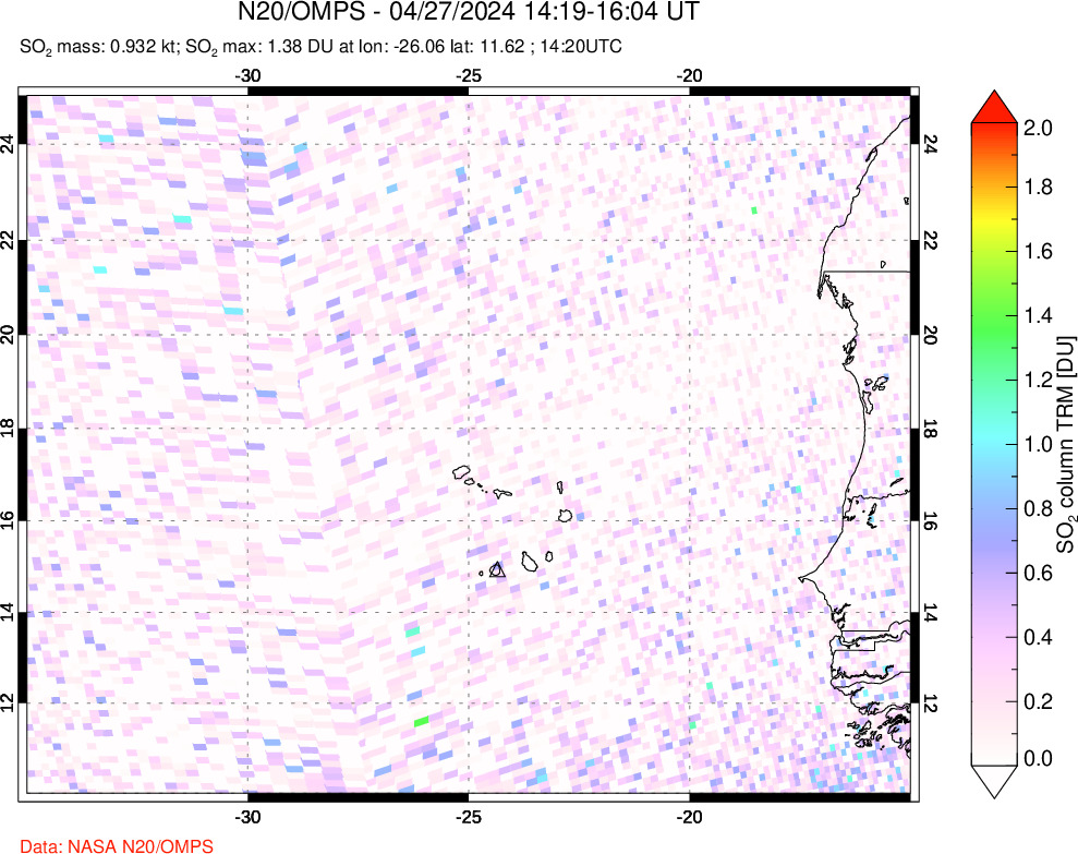 A sulfur dioxide image over Cape Verde Islands on Apr 27, 2024.