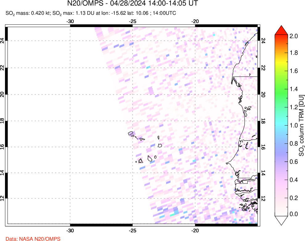 A sulfur dioxide image over Cape Verde Islands on Apr 28, 2024.