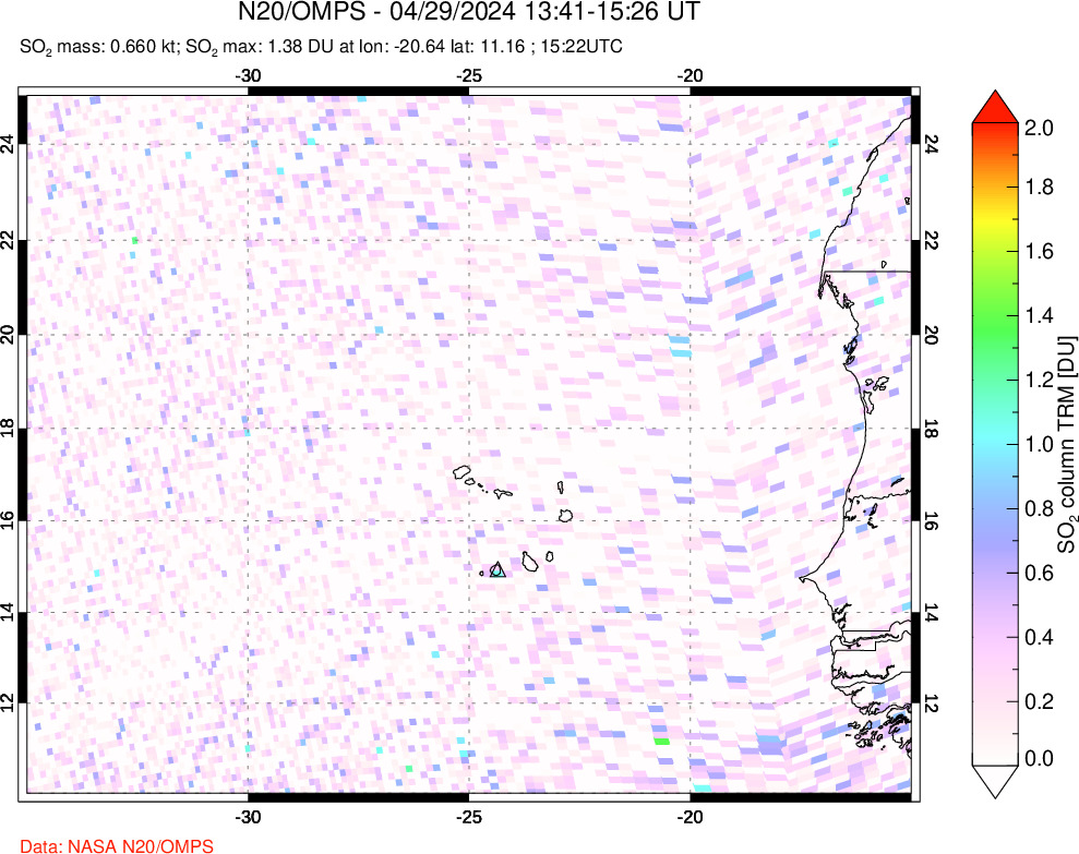 A sulfur dioxide image over Cape Verde Islands on Apr 29, 2024.