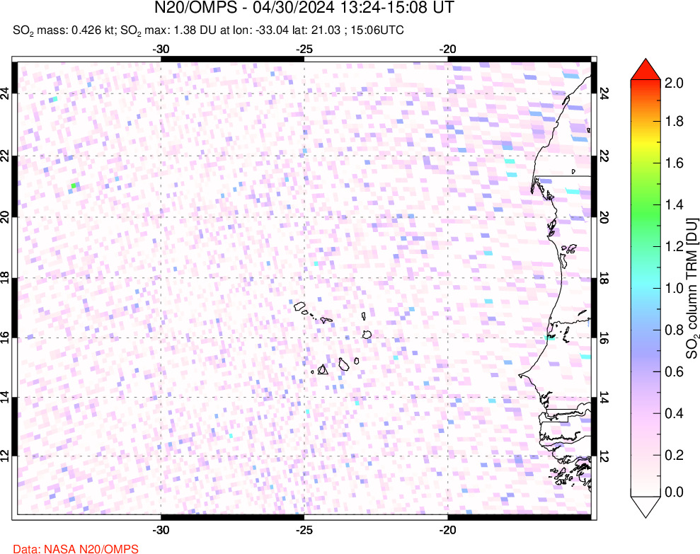 A sulfur dioxide image over Cape Verde Islands on Apr 30, 2024.